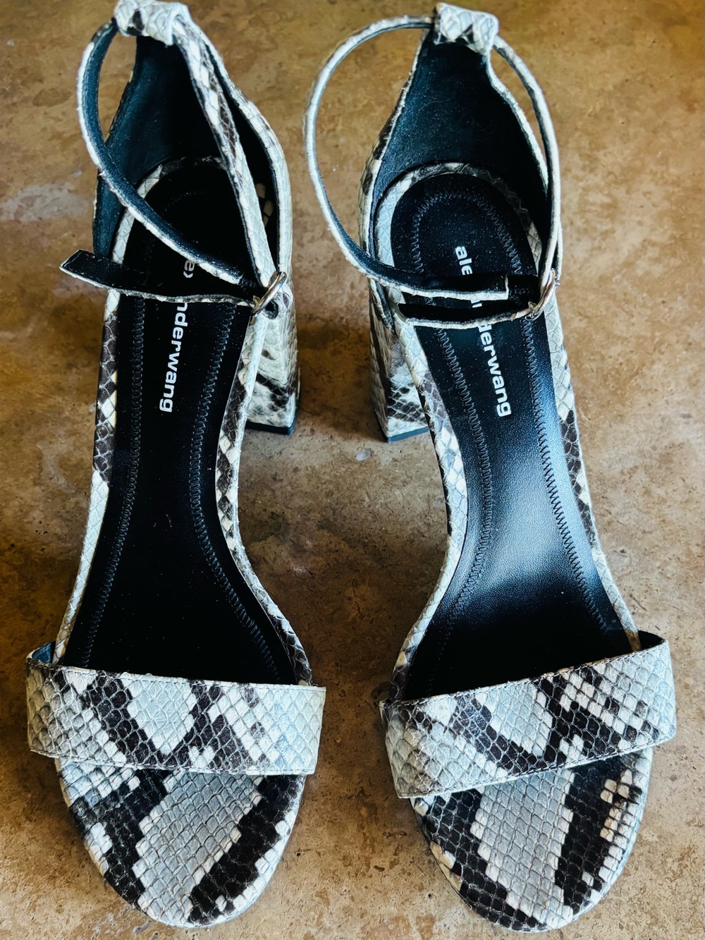 Alexander Wang Snake-Print Block Heel Sandals in Beige and Brown
